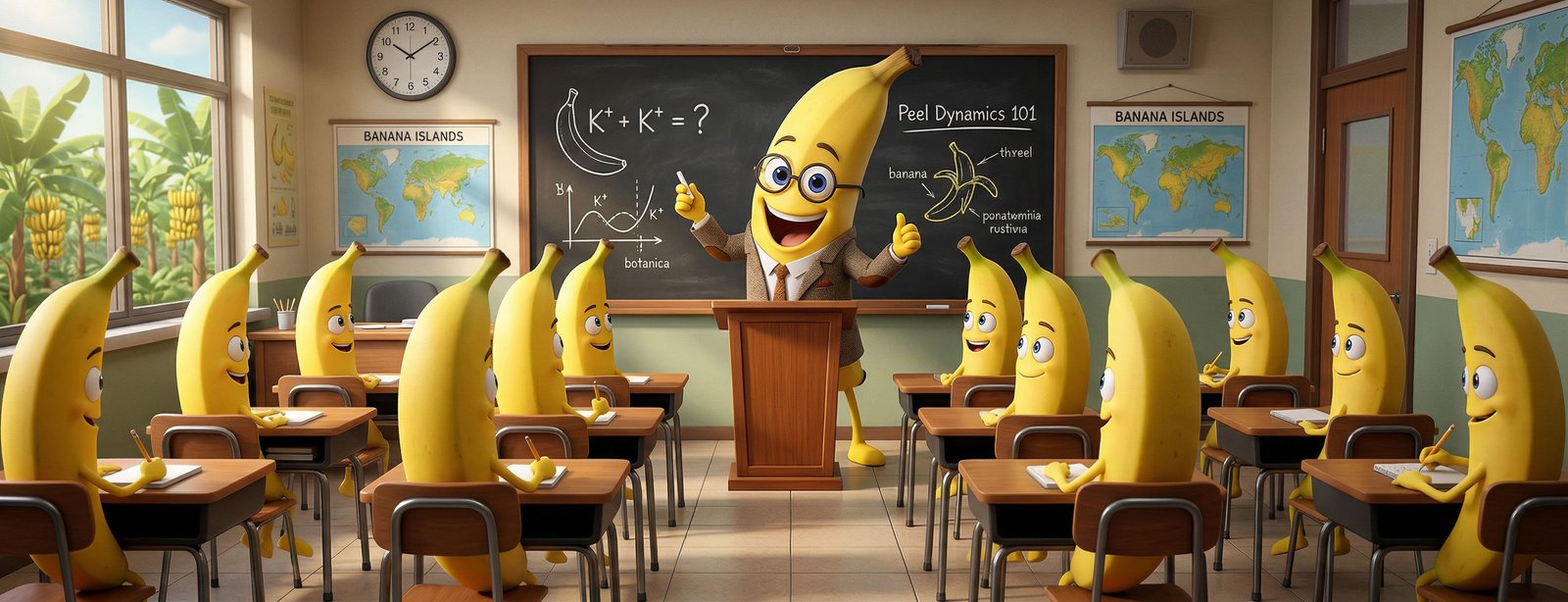 Bananas numa sala de aula com o seu professor