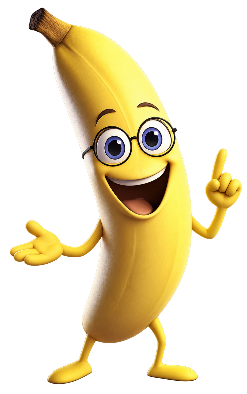 Mr. Happy Banana con occhiali e braccia, la guida sorridente di BananaKit