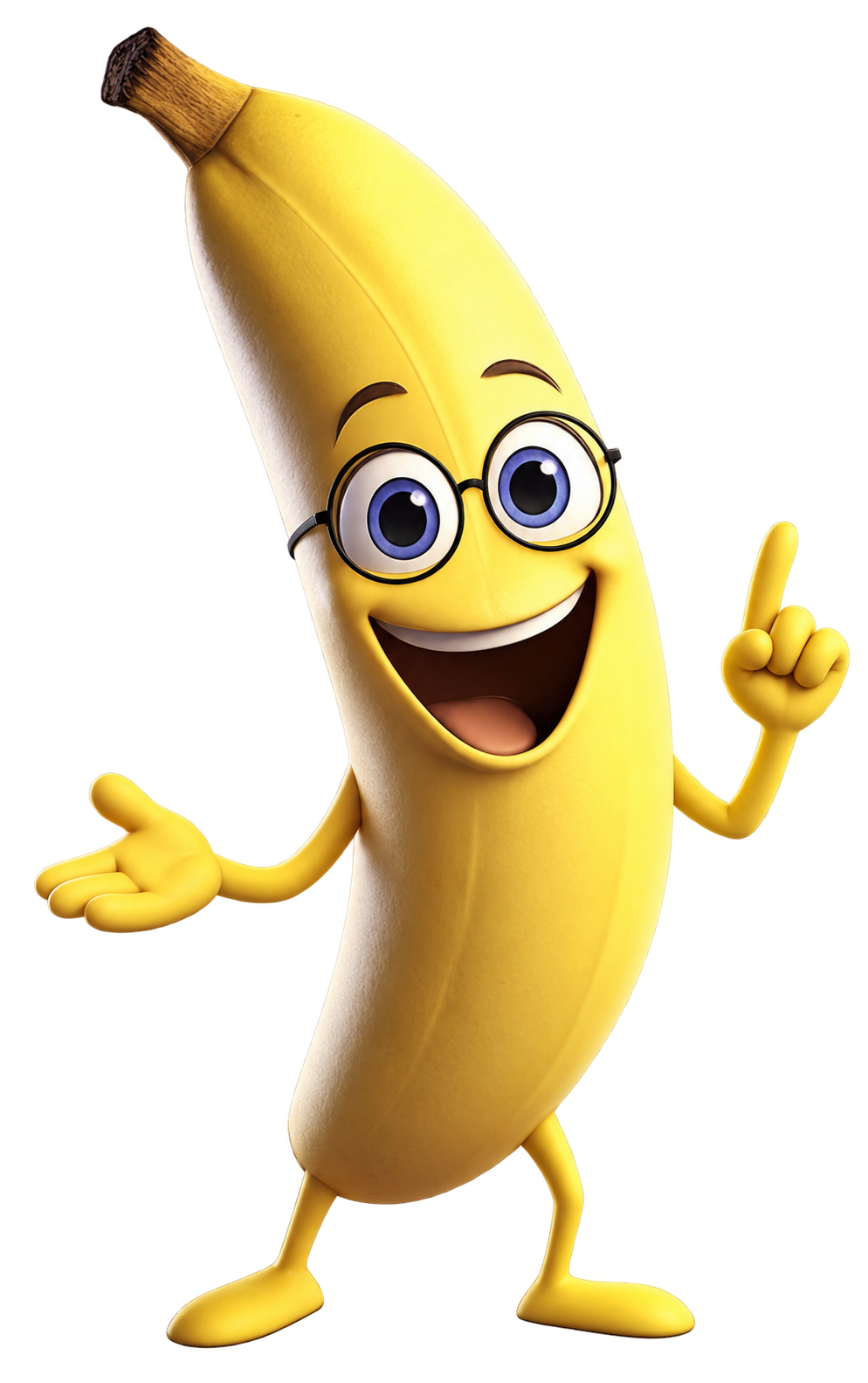 Mr. Happy Banana with glasses and arms, your smiling guide