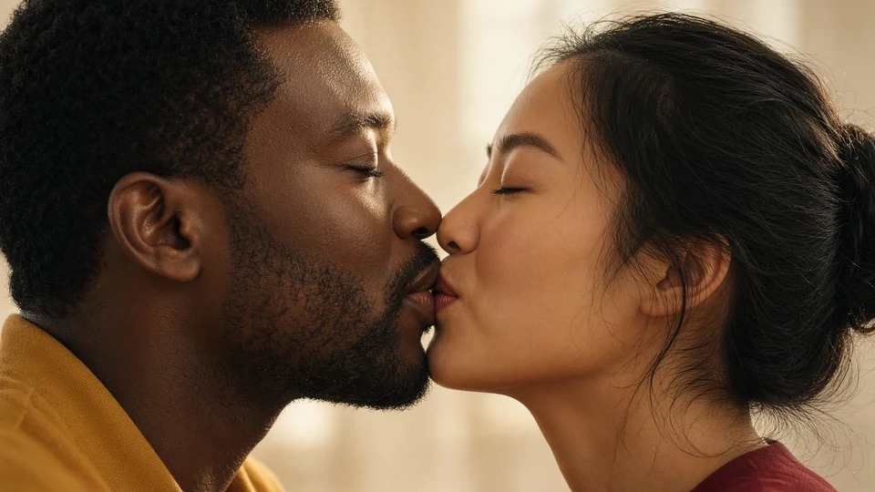 Close-up of an adult couple kissing.