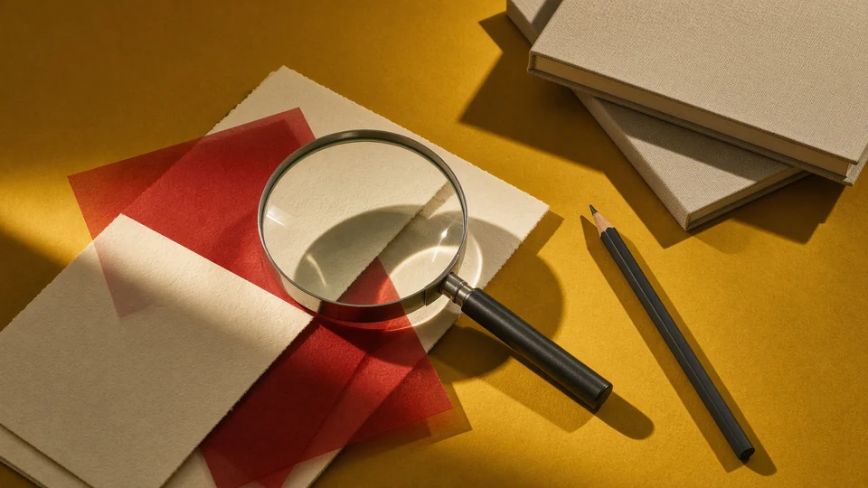A magnifying glass over cream and red papers on a yellow table.
