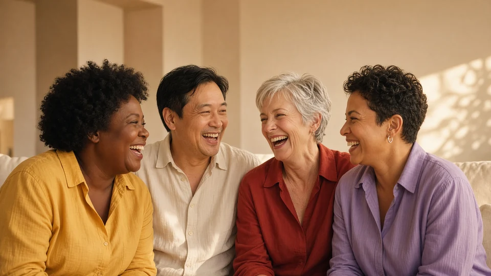 Four adults of different ages laugh and talk together on a sofa.