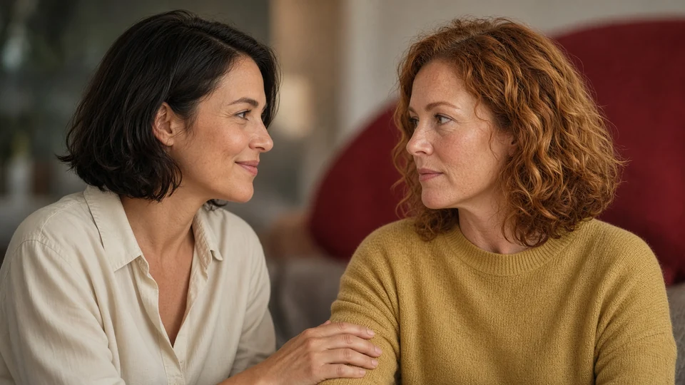 Two adult women look at each other while talking, one with her hand on the other’s arm.