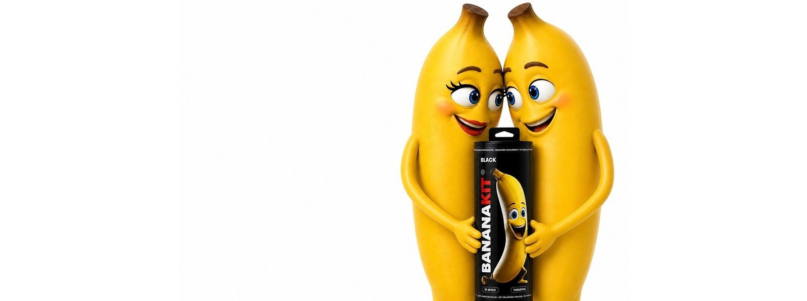 Cartoon banana couple hugging and holding the Bananakit Black, banana duplication kit