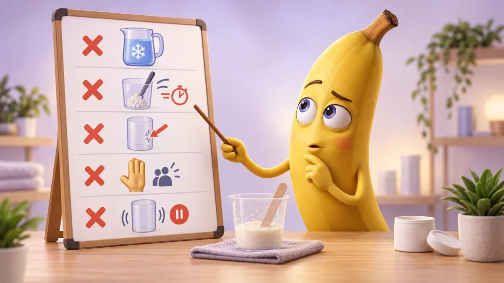A mascote banana BananaKit com uma lista ilustrada de cinco erros comuns